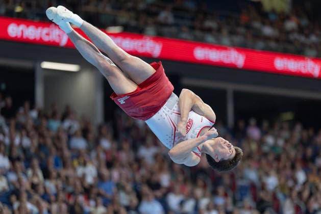 2026 German Artistic Gymnastics Championships, Apparatus Finals: Radomyr Stelmark of SC Cottbus performing his routine in the floor exercise final at the German Artistic Gymnastics Championships, Apparatus Finals, on July 25, 2026, at the ZAG Arena in Hanover, Hanover, Lower Saxony, Germany; ZAG Arena