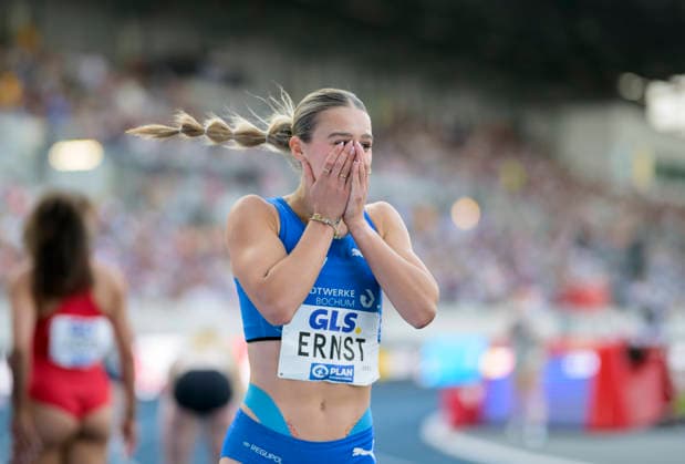 Jolina Ernst, the jubilant winner of the women s 100-meter final on July 25, 2026, at the German Track and Field Championships held from July 25 to July 26, 2026, in Bochum-Wattenscheid, Germany, at Lohrheidestadion