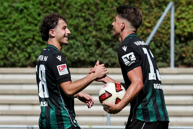 Franz Roggow of Hannover 96 celebrates his goal to make it 1–0 with Taycan Ectibasi of Hannover 96, Friendly match, Hannover 96 vs. SC Preussen Münster, Hemberg Stadium on July 24, 2026, in Iserlohn, Germany Photo by Marco Steinbrenner, DeFodi Images Franz Roggow of Hannover 96 celebrates after scoring his team’s first goal with Taycan Ectibasi Hannover 96, Friendly match, Hannover 96 vs. SC Preussen Münster, Hemberg Stadium, July 24, 2026, in Iserlohn, Germany. Photo by Marco Steinbrenner, DeFodi Images