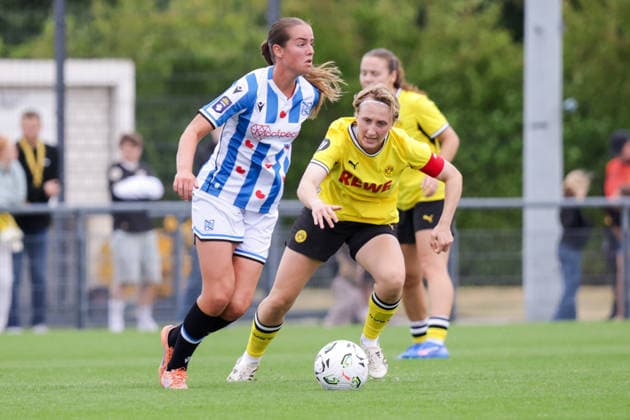 July 26, 2026, xgrfx, Women s Soccer Friendly Match, Borussia Dortmund vs. SC Heerenveen, Bente Vermeer (SC Heerenveen), Paula Reimann (Borussia Dortmund). DFL and DFB regulations prohibit any use of photographs as image sequences and or quasi-video. Hohenbuschei Training Facility