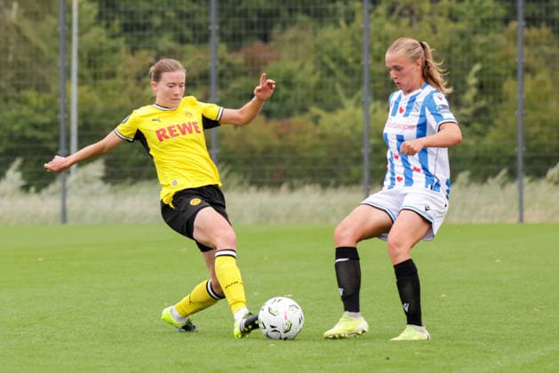 July 26, 2026, xgrfx, Women s Soccer Friendly Match, Borussia Dortmund vs. SC Heerenveen, Lena Ostermeier (Borussia Dortmund), Lisanne Venema (SC Heerenveen). DFL and DFB regulations prohibit any use of photographs as image sequences and or quasi-video. Hohenbuschei Training Facility