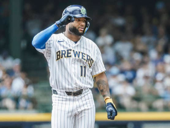 Milwaukee Brewers left fielder Jackson Chourio reacts after hitting a double in the first inning of the MLB, Baseball Herren, USA game between the Colorado Rockies and the Milwaukee Brewers at American Family Field in Milwaukee, Wisconsin on Sunday July 26, 2026.  MIL20260726805 TANNENxMAURY