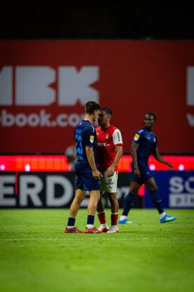 Nikola Djuricic and Victor Gomez seen during UEFA Conference League qualifying game between teams of SC Braga and FK Zeleznicar Pancevo (Luis Santos Ball Raw Images) Braga Estadio Municipal de Braga Portugal Copyright: xLuisxSantosx luissantos_braga_zeleznicar_2627_93