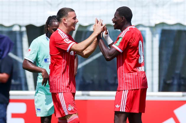 Ragnar Prince Friedel Ache of 1. FC Köln celebrates his goal to make it 1–0 with Said El Mala of 1. FC Köln, Friendly match, 1. FC Köln vs. Hertha BSC Berlin, Koasa Stadium on July 31, 2026, in St. Johann in Tirol, Austria. Photo by Marco Steinbrenner, DeFodi Images. Ragnar Prince Friedel Ache of 1. FC Köln celebrates after scoring his team’s first goal with Said El Mala of 1. FC Köln, Friendly match, 1 FC Köln vs. Hertha BSC Berlin, Koasa Stadium, July 31, 2026, in St. Johann in Tirol, Austria. Photo by Marco Steinbrenner, DeFodi Images