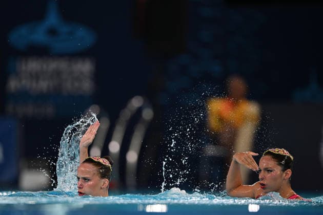 France, Paris, Centre Aquatique Olympique Metropole du Grand Paris, July 31, 2026, European Aquatics Championships, Artistic Swimming, Day 1, Duet Free Preliminary, Laelys Alavez and Romane Lunel of France. Photo by Eibner Pressefoto, Tino Henschel. European Aquatics Championships, Artistic Swimming, Day 1, Duet Free Preliminary, Paris Copyright: xEibnerxPressefotox