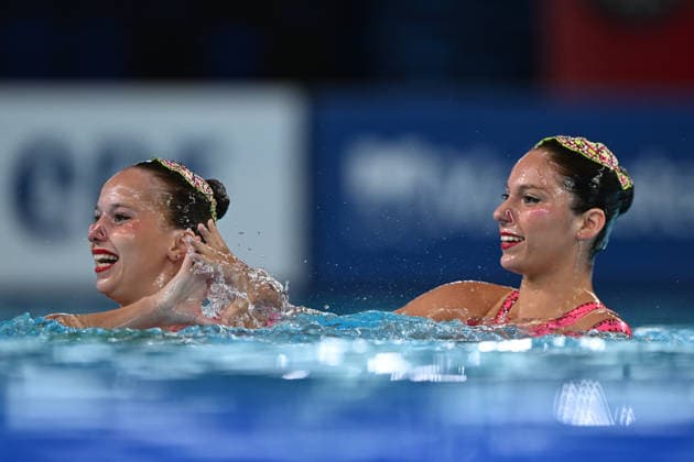 France, Paris, Centre Aquatique Olympique Metropole du Grand Paris, July 31, 2026, European Aquatics Championships, Artistic Swimming, Day 1, Duet Free Preliminary, Laelys Alavez and Romane Lunel of France. Photo by Eibner Pressefoto, Tino Henschel. European Aquatics Championships, Artistic Swimming, Day 1, Duet Free Preliminary, Paris Copyright: xEibnerxPressefotox