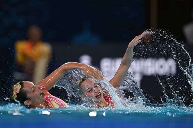 France, Paris, Centre Aquatique Olympique Metropole du Grand Paris, July 31, 2026, European Aquatics Championships, Artistic Swimming, Day 1, Duet Free Preliminary, Laelys Alavez and Romane Lunel of France. Photo by Eibner Pressefoto, Tino Henschel. European Aquatics Championships, Artistic Swimming, Day 1, Duet Free Preliminary, Paris Copyright: xEibnerxPressefotox