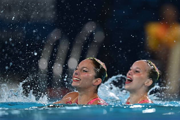 France, Paris, Centre Aquatique Olympique Metropole du Grand Paris, July 31, 2026, European Aquatics Championships, Artistic Swimming, Day 1, Duet Free Preliminary, Laelys Alavez and Romane Lunel of France. Photo by Eibner Pressefoto, Tino Henschel. European Aquatics Championships, Artistic Swimming, Day 1, Duet Free Preliminary, Paris Copyright: xEibnerxPressefotox