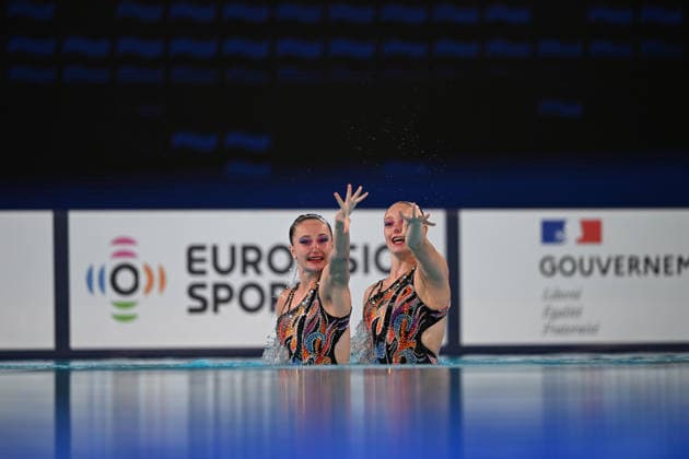 France, Paris, Centre Aquatique Olympique Metropole du Grand Paris, July 31, 2026, European Aquatics Championships, Artistic Swimming, Day 1, Duet Free Preliminary, Anna Sophia Aeschbacher and Ixchel Honer of Switzerland Photo by Eibner Pressefoto Tino Henschel European Aquatics Championships Artistic Swimming Day 1 Duet Free Preliminary Paris Copyright: xEibnerxPressefotox