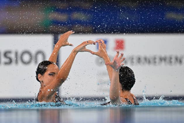 France, Paris, Centre Aquatique Olympique Metropole du Grand Paris, July 31, 2026, European Aquatics Championships, Artistic Swimming, Day 1, Duet Free Preliminary: Raya Furnadzhieva and Lora Zheynova of Bulgaria. Photo by Eibner Pressefoto, Tino Henschel. European Aquatics Championships, Artistic Swimming, Day 1, Duet Free Preliminary, Paris Copyright: xEibnerxPressefotox