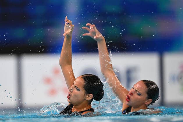 France, Paris, Centre Aquatique Olympique Metropole du Grand Paris, July 31, 2026, European Aquatics Championships, Artistic Swimming, Day 1, Duet Free Preliminary, Raya Furnadzhieva and Lora Zheynova of Bulgaria. Photo by Eibner Pressefoto, Tino Henschel. European Aquatics Championships, Artistic Swimming, Day 1, Duet Free Preliminary, Paris Copyright: xEibnerxPressefotox