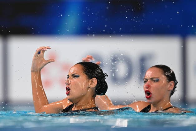 France, Paris, Centre Aquatique Olympique Metropole du Grand Paris, July 31, 2026, European Aquatics Championships, Artistic Swimming, Day 1, Duet Free Preliminary, Raya Furnadzhieva and Lora Zheynova of Bulgaria. Photo by Eibner Pressefoto, Tino Henschel. European Aquatics Championships, Artistic Swimming, Day 1, Duet Free Preliminary, Paris Copyright: xEibnerxPressefotox