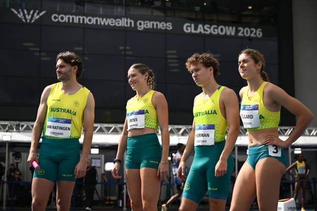 COM26 ATHLETICS, (L-R) Luke Van Ratingen, Mia Gross, Cooper Sherman and Jemma Pollard of Australia prepare to compete in the Mixed 4x400m Relay Heats during the Glasgow 2026 Commonwealth Games at Scotstoun Stadium in Glasgow, Scotland, Friday, July 31, 2026. ( NO ARCHIVING, EDITORIAL USE ONLY Glasgow United Kingdom  Copyright: xJOELxCARRETTx 20260731114837361080