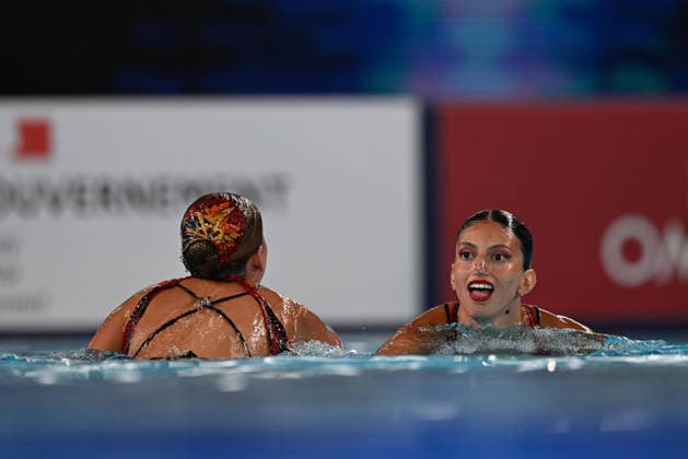 France, Paris, Centre Aquatique Olympique Metropole du Grand Paris, July 31, 2026, European Aquatics Championships, Artistic Swimming, Day 1, Duet Free Preliminary, Catherine Kunin and Aya Mazor of Israel. Photo by Eibner Pressefoto, Tino Henschel. European Aquatics Championships, Artistic Swimming, Day 1, Duet Free Preliminary, Paris Copyright: xEibnerxPressefotox