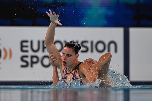 France, Paris, Centre Aquatique Olympique Metropole du Grand Paris, July 31, 2026, European Aquatics Championships, Artistic Swimming, Day 1, Duet Free Preliminary, Lilou Lluis Valette and Iris Tio Casas of Spain. Photo by Eibner Pressefoto, Tino Henschel. European Aquatics Championships, Artistic Swimming, Day 1, Duet Free Preliminary, Paris Copyright: xEibnerxPressefotox
