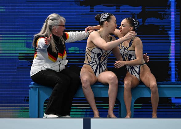 France, Paris, Centre Aquatique Olympique Metropole du Grand Paris, July 31, 2026, European Aquatics Championships, Artistic Swimming, Day 1, Duet Free Preliminary, Klara Bleyer and Maria Denisov of Germany. Photo by Eibner Pressefoto, Tino Henschel. European Aquatics Championships, Artistic Swimming, Day 1, Duet Free Preliminary, Paris Copyright: xEibnerxPressefotox