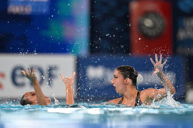 France, Paris, Centre Aquatique Olympique Metropole du Grand Paris, July 31, 2026, European Aquatics Championships, Artistic Swimming, Day 1, Duet Free Preliminary, Anna Maria Alexandri and Eirini Marina Alexandri of Greece Photo by Eibner Pressefoto Tino Henschel European Aquatics Championships Artistic Swimming Day 1 Duet Free Preliminary Paris Copyright: xEibnerxPressefotox