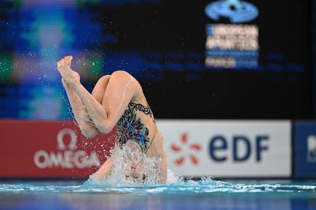 France, Paris, Centre Aquatique Olympique Metropole du Grand Paris, July 31, 2026, European Aquatics Championships, Artistic Swimming, Day 1, Duet Free Preliminary, Anastasiya Dabravolskaya and Aliaksandra Mironchyk of Neutral Athletes (Belarus). Photo by Eibner Pressefoto, Tino Henschel. European Aquatics Championships, Artistic Swimming, Day 1, Duet Free Preliminary, Paris Copyright: xEibnerxPressefotox