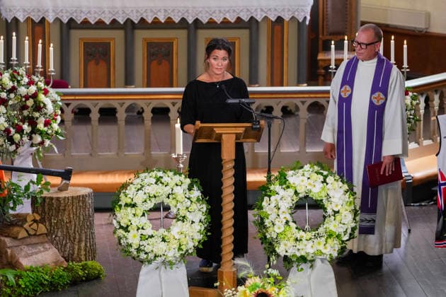Funeral for rower Olaf Tufte, Horten, July 31, 2026. Aina Tufte L delivers a eulogy during the funeral service for her late husband, Olympic and World rowing champion Olaf Tufte, at Horten Church. Tufte died of a heart attack on July 21, at the age of 50. He retired after the Tokyo Olympics in 2021, bringing to a close an elite international career spanning 26 seasons. Photo: Terje Bendiksby, NTB POOL, Horten, Norway. EDITORIAL USE ONLY. RESTRICTED USE FOR BETTING COMPANIES. Copyright: xTerjexBendiksbyx xNTBx