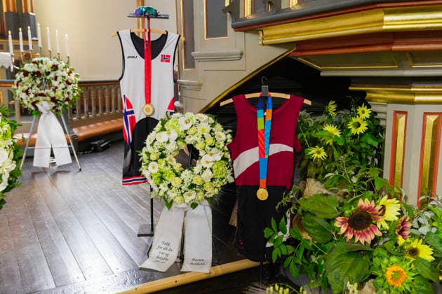 Funeral for rower Olaf Tufte, Horten, July 31, 2026. Flowers, wreaths, and gold medals near the casket of Norway’s Olympic and World rowing champion Olaf Tufte before his funeral service at Horten Church. Tufte died of a heart attack on July 21, at the age of 50. He retired after the Tokyo Olympics in 2021, bringing to a close an elite international career spanning 26 seasons. Photo: Terje Bendiksby, NTB POOL, Horten, Norway. EDITORIAL USE ONLY. RESTRICTED USE FOR BETTING COMPANIES. Copyright: xTerjexBendiksbyx xNTBx