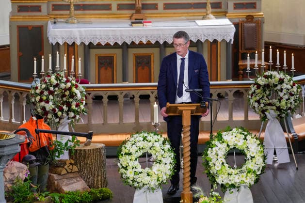 Funeral for rower Olaf Tufte, Horten, July 31, 2026. Top sports manager at Olympiatoppen, Tore Ovrebo, delivers a eulogy during Olaf Karl Tufte’s funeral at Horten Church on Friday. Photo: Terje Bendiksby, NTB POOL, Horten, Norway. EDITORIAL USE ONLY. RESTRICTED USE FOR BETTING COMPANIES  Copyright: xTerjexBendiksbyx xNTBx