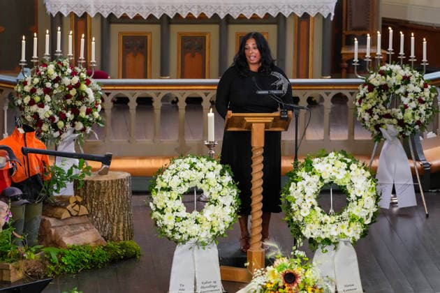 Funeral for rower Olaf Tufte, Horten, July 31, 2026. Minister of Culture and Equality Lubna Jaffery delivers a eulogy during the funeral service for Olympic and World rowing champion Olaf Tufte, at Horten Church. Tufte died of a heart attack on July 21, at the age of 50. He retired after the Tokyo Olympics in 2021, bringing to a close an elite international career spanning 26 seasons. Photo: Terje Bendiksby, NTB POOL, Horten, Norway. EDITORIAL USE ONLY. RESTRICTED USE FOR BETTING COMPANIES.  Copyright: xTerjexBendiksbyx xNTBx