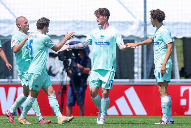 Sebastian Gronning Andersen of Hertha BSC Berlin celebrates his goal with his teammates, Friendly match, 1. FC Köln vs. Hertha BSC Berlin, Koasastadion on July 31, 2026, in St. Johann in Tirol, Austria Photo by Marco Steinbrenner DeFodi Images Sebastian Gronning Andersen of Hertha BSC Berlin celebrates his goal with teammates, Friendly match, 1 FC Köln vs. Hertha BSC Berlin, Koasastadion, July 31, 2026, in St. Johann in Tirol, Austria. Photo by Marco Steinbrenner, DeFodi Images