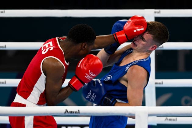 COM26 BOXING, Jacob Cassar of Australia (blue) fights Pooana Khoahli of Lesotho in the Men™s 65kg Semi-Final Bout of the Glasgow 2026 Commonwealth Games at SEC Centre in Glasgow, Scotland, Friday, July 31, 2026. ( NO ARCHIVING, EDITORIAL USE ONLY Glasgow Scotland United Kingdom  Copyright: xLUKASxCOCHx 20260731177297142774