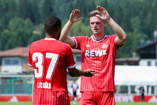 Marius Bülter of 1. FC Köln celebrates his goal to make it 2–1 with Linton Maina of 1. FC Köln, Friendly match, 1 FC Köln vs. Hertha BSC Berlin, Koasastadion on July 31, 2026, in St. Johann in Tirol, Austria. Photo by Marco Steinbrenner, DeFodi Images. Marius Bülter of 1 FC Köln celebrates after scoring his team’s second goal with Linton Maina of 1 FC Köln, Friendly match, 1 FC Köln vs. Hertha BSC Berlin, Koasastadion, July 31, 2026, in St. Johann in Tirol, Austria. Photo by Marco Steinbrenner, DeFodi Images