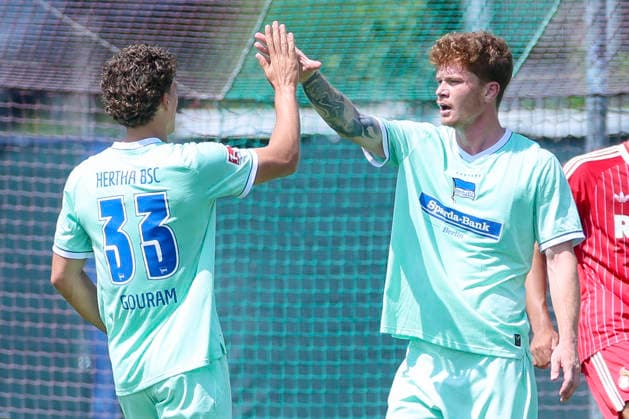 Soufian Gouram of Hertha BSC Berlin and Sebastian Gronning Andersen of Hertha BSC Berlin celebrate, Friendly match, 1 FC Köln vs. Hertha BSC Berlin, Koasastadion on July 31, 2026, in St. Johann in Tirol, Austria. Photo by Marco Steinbrenner, DeFodi Images. Soufian Gouram of Hertha BSC Berlin and Sebastian Gronning Andersen of Hertha BSC Berlin cheer, Friendly match, 1 FC Köln vs. Hertha BSC Berlin, Koasastadion, July 31, 2026, in St. Johann in Tirol, Austria. Photo by Marco Steinbrenner, DeFodi Images