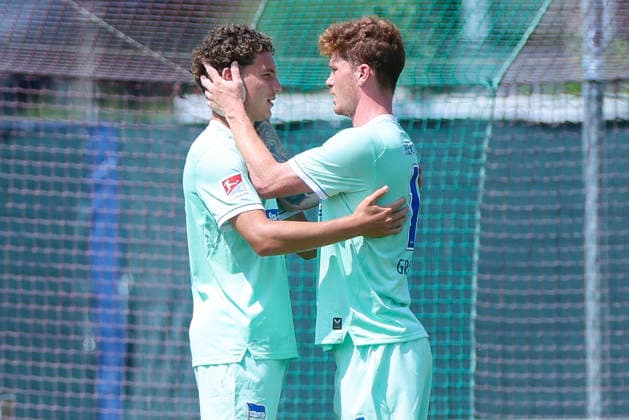 Soufian Gouram of Hertha BSC Berlin and Sebastian Gronning Andersen of Hertha BSC Berlin celebrate, Friendly match, 1 FC Köln vs. Hertha BSC Berlin, Koasastadion on July 31, 2026, in St. Johann in Tirol, Austria. Photo by Marco Steinbrenner, DeFodi Images. Soufian Gouram of Hertha BSC Berlin and Sebastian Gronning Andersen of Hertha BSC Berlin cheer, Friendly match, 1 FC Köln vs. Hertha BSC Berlin, Koasastadion, July 31, 2026, in St. Johann in Tirol, Austria. Photo by Marco Steinbrenner, DeFodi Images