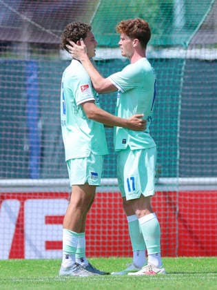 Soufian Gouram of Hertha BSC Berlin and Sebastian Gronning Andersen of Hertha BSC Berlin celebrate, Friendly match, 1 FC Köln vs. Hertha BSC Berlin, Koasastadion on July 31, 2026, in St. Johann in Tirol, Austria. Photo by Marco Steinbrenner, DeFodi Images. Soufian Gouram of Hertha BSC Berlin and Sebastian Gronning Andersen of Hertha BSC Berlin cheer, Friendly match, 1 FC Köln vs. Hertha BSC Berlin, Koasastadion, July 31, 2026, in St. Johann in Tirol, Austria. Photo by Marco Steinbrenner, DeFodi Images
