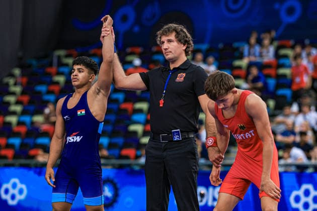 U17 Wrestling World Championships, 55kg Freestyle: Prathmesh Suryakant Patil (IND) defeated Adrian Airich (GER) by fall Copyright: xUnitedxWorldxWrestlingx xAmirrezx UWW-U17-WC-BAKU-2026