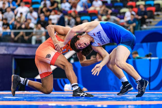 U17 Wrestling World Championships, 65 kg Freestyle: Magomed Salimgereevitch Ibragimov (RUS) defeated Krishan Krishan (IND) by fall Copyright: xUnitedxWorldxWrestlingx xAmirrezx UWW-U17-WC-BAKU-2026