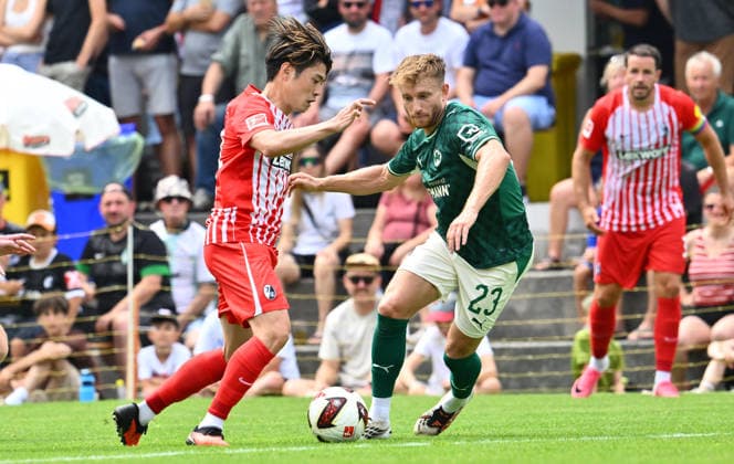 July 31, 2026 Soccer Season 2026–2027 Exhibition Match Friendly Match Preseason Match SC Freiburg vs. SpVgg Greuther Fürth Kleeblatt Sports Photo by Zink xwoxzix; regulations prohibit any use of photographs as image sequences and or quasi-video; for editorial use only. Yuito Suzuki 14, SC Freiburg; Jannik Dehm 23, SpVgg Greuther Fürth