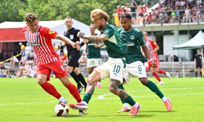 July 31, 2026 Soccer Season 2026–2027 Exhibition Match Friendly Match Preseason Match SC Freiburg SpVgg Greuther Fürth Kleeblatt Sports Photo Zink xwoxzix Regulations prohibit any use of photographs as image sequences and or quasi-video; for editorial use only. Maximilian EggEinstein 8, SC Freiburg; Ole Pohlmann 10, SpVgg Greuther Fürth; Sacha Banse Bansé 6, SpVgg Greuther Fürth