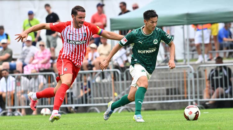 July 31, 2026 Soccer Season 2026–2027 Exhibition Match Friendly Match Preseason Match SC Freiburg vs. SpVgg Greuther Fürth Kleeblatt Sports Photo by Zink xwoxzix; regulations prohibit any use of photographs as image sequences and or quasi-video; for editorial use only. Christian Günter 30, SC Freiburg; Shinta Appelkamp 8, SpVgg Greuther Fürth
