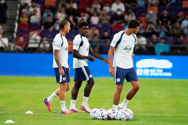 HONGKONG-SOCCER FOOTBALL-FEST Kalvin Phillips(Left), Divin Mubama(Center) and Oscar Bobb of Manchester City during open training at Kai Tan Stadium during the Hong Kong Football Festival 2026 in Hong Kong, July 31, 2026. NEXPHER Vernon Yuen HONG KONG