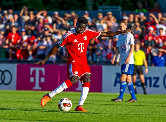 July 30, 2026, 2026–2027 Bundesliga, FC Bayern Munich training camp in Rottach Egern on Lake Tegernsee, Bavaria; friendly match between FC Rottach Egern and FC Bayern Munich; Bara Ndiaye, FC Bayern Munich, shot