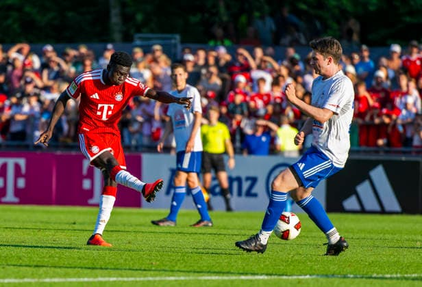 July 30, 2026, 2026–2027 Bundesliga, FC Bayern Munich training camp in Rottach Egern on Lake Tegernsee, Bavaria; friendly match between FC Rottach Egern and FC Bayern Munich; Bara Ndiaye (left) takes a shot for Bayern Munich