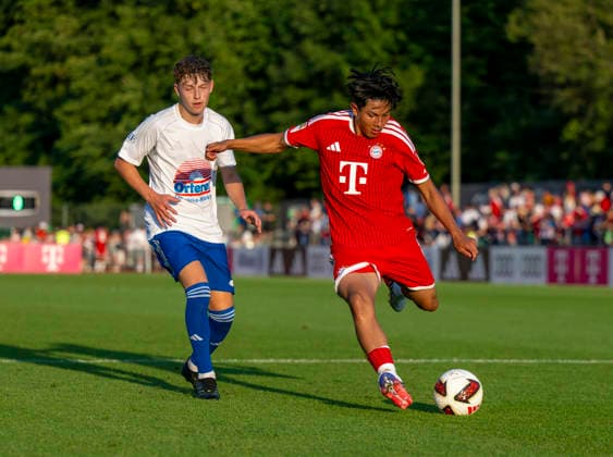 July 30, 2026, 2026–2027 Bundesliga, FC Bayern Munich training camp in Rottach Egern on Lake Tegernsee, Bavaria; friendly match between FC Rottach Egern and FC Bayern Munich; Nuraj Skender (right), Bayern Munich