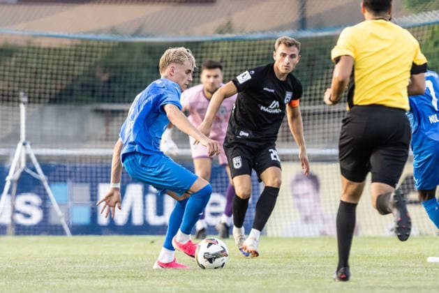 VfB Friedrichshafen vs. SSV Ulm 1846 Soccer, WfV Cup, 2nd Round, Zeppelinstadion Friedrichshafen, July 29, 2026, left: Kai Kramer (VfB Friedrichshafen), 11, Alexander Kopf, SSV Ulm 1846, Soccer, 20 VfB Friedrichshafen vs. SSV Ulm 1846, Soccer, WfV Cup, 2nd Round, Zeppelin Stadium, Friedrichshafen, July 29, 2026. Photo by Lucca Fundel, Friedrichshafen, Zeppelin Stadium, Baden-Württemberg, Germany