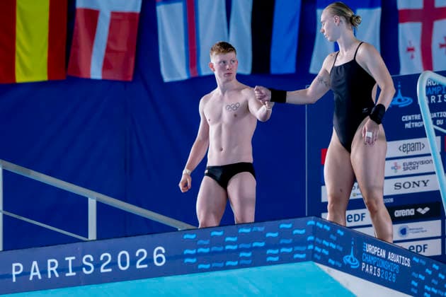 France, Paris, Centre Aquatique Olympique Metropole du Grand Paris, July 31, 2026, European Junior Aquatics Championships – Swimming, Day 1 Mixed Team Event Final, Pauline Alexandra Pfeif and Jaden Shiloh Eikermann Gregorchuk of Germany. Photo by Eibner Pressefoto Tino Henschel. European Aquatics Junior Championships – Swimming, Day 1 Mixed Team Event Final, Paris Copyright: xEibnerxPressefotox