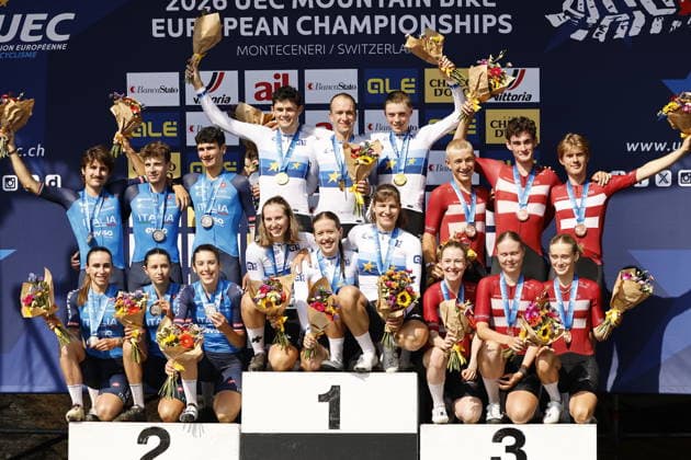 July 31, 2026, Monteceneri, Monte Ceneri, 2026 UEC MTB European Championship XCR Team Relay Final—cross-country team relay, Italy: 2nd place and silver medal; Switzerland: 1st place, European Champion, and gold medal; Denmark: 3rd place and bronze medal. Monteceneri, Monte Ceneri, Ticino, Switzerland Copyright: xJustPictures.ch FrancescoxMinghettix jp-en-FrMi-_NG_1107