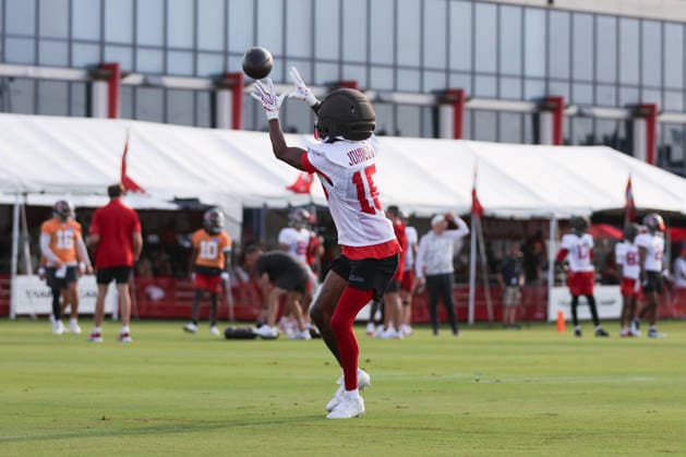 July 31, 2026: Tampa Bay Buccaneers wide receiver Tez Johnson (15) catches a pass during training camp at AdventHeath Training Center in Tampa, FL. Taylor McFee CSM Tampa USA - ZUMAc04_ 20260731_zma_c04_026 Copyright: xTaylorxMcfeex