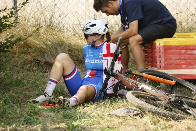 July 31, 2026, Monteceneri, Monte Ceneri, 2026 UEC MTB European Championship XCR Team Relay Final—cross-country team relay—Justína Novotná 5D CZE, Junior Women, exhausted after her lap; Monteceneri, Monte Ceneri, Ticino, Switzerland Copyright: xJustPictures.ch FrancescoxMinghettix jp-en-FrMi-_NG_0701