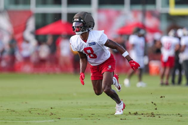 July 31, 2026: Tampa Bay Buccaneers wide receiver Dean Patterson IV (8) during training camp at AdventHeath Training Center in Tampa, FL. Taylor McFee CSM NFL, American Football Herren, USA 2026: Tampa Bay Buccaneers Training Camp JUL 31  - ZUMAc04_ 20260731_zma_c04_069 Copyright: xTaylorxMcfeex