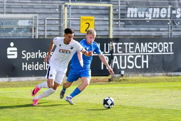 From left: David Mamutovic (SVS), 7, Maiko Rene Hertel (TSG), 18, tackle, game scene, duel, tackle, tackling, dynamic, action, 07 31 2026, Sandhausen, Germany, soccer, bfv Association Cup, 3rd round, SV Sandhausen vs. TSG 1862 09 Weinheim xozx