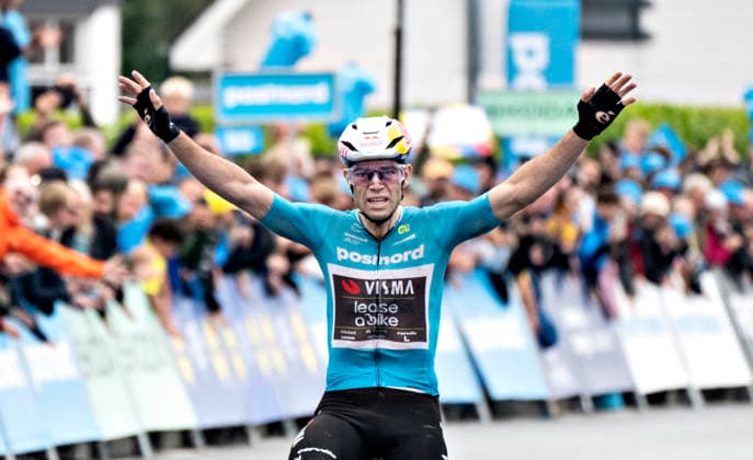 DENMARK PostNord Danmark Rundt Stage 3 Wout Van Aert of Team Visma Lease a Bike wins Stage 3 of the PostNord Danmark Rundt on Friday, July 31, 2026. The stage is 202.9 kilometers long and runs from Fredericia to Vejle, Vejle, Denmark.  Copyright: HenningxBagger HenningxBaggerx spdk20260731-183433-L