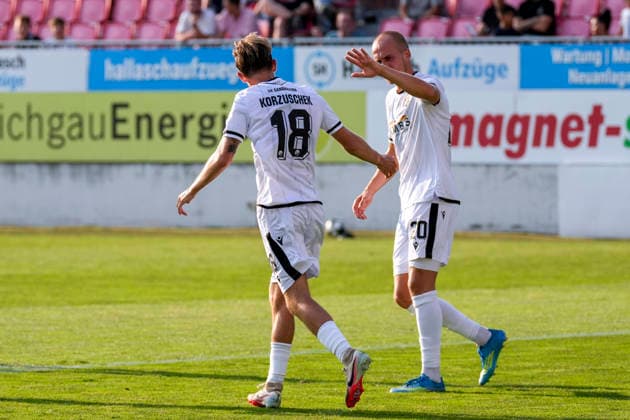 From left: Goal scorer Tim Korzuschek (SVS), 18, Phil Halbauer (SVS), 20, and a player from SV Sandhausen (SVS) celebrate the 1-0 goal, Celebration, goal celebration, goal scored, celebrating the goal, goal, celebration, celebrating the goal, joy, happiness, happy, optimistic, positive, game scene, highlight, action, July 31, 2026, Sandhausen, Germany, soccer, bfv Association Cup, 3rd round, SV Sandhausen vs. TSG 1862 09 Weinheim xozx
